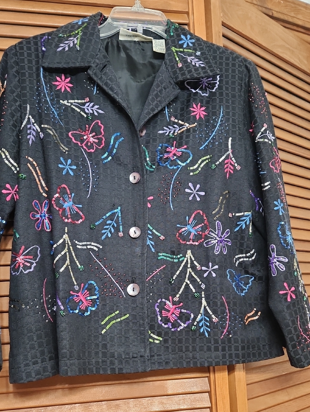 Black Embroidered Beaded Floral Blazer - Women's Button Front Jacket